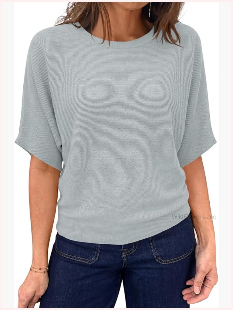 Women's Short Sleeve Batwing Sweater Boat Neck Loose Knit Top Summer